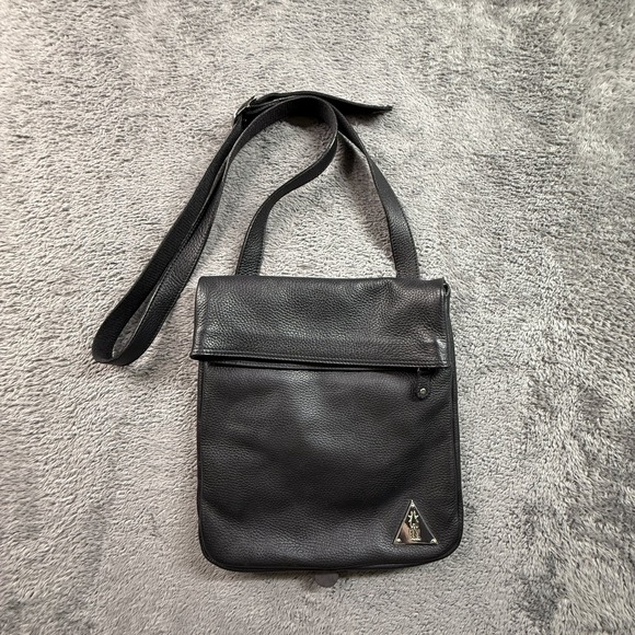 Fly London Handbags - Fly London Black Leather Crossbody Bag Fold Over Flap Zip Close Triangular Logo